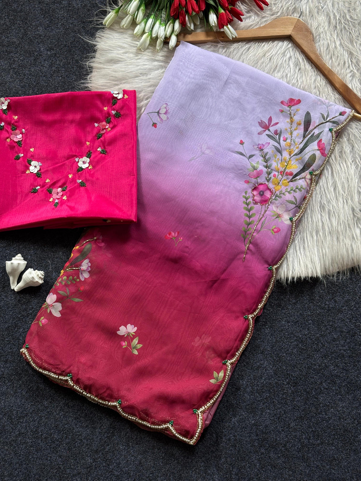 Soft Tabi hand work flower print organza saree
