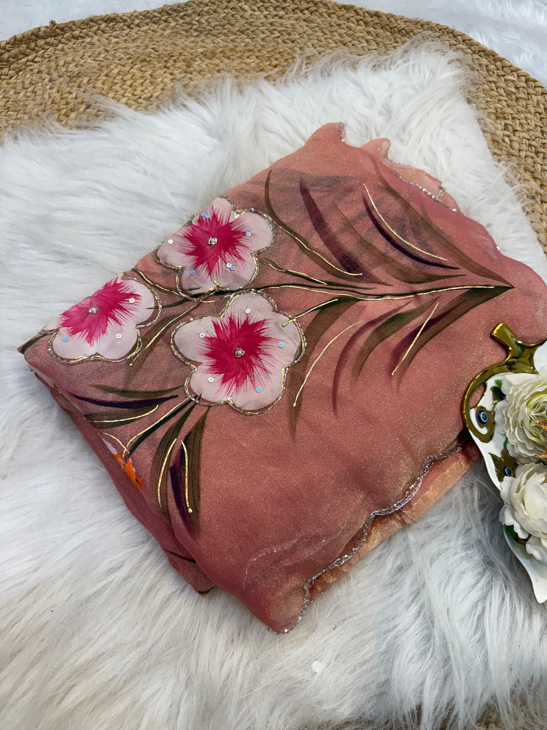 Moss shiffon hand brush flower paint saree