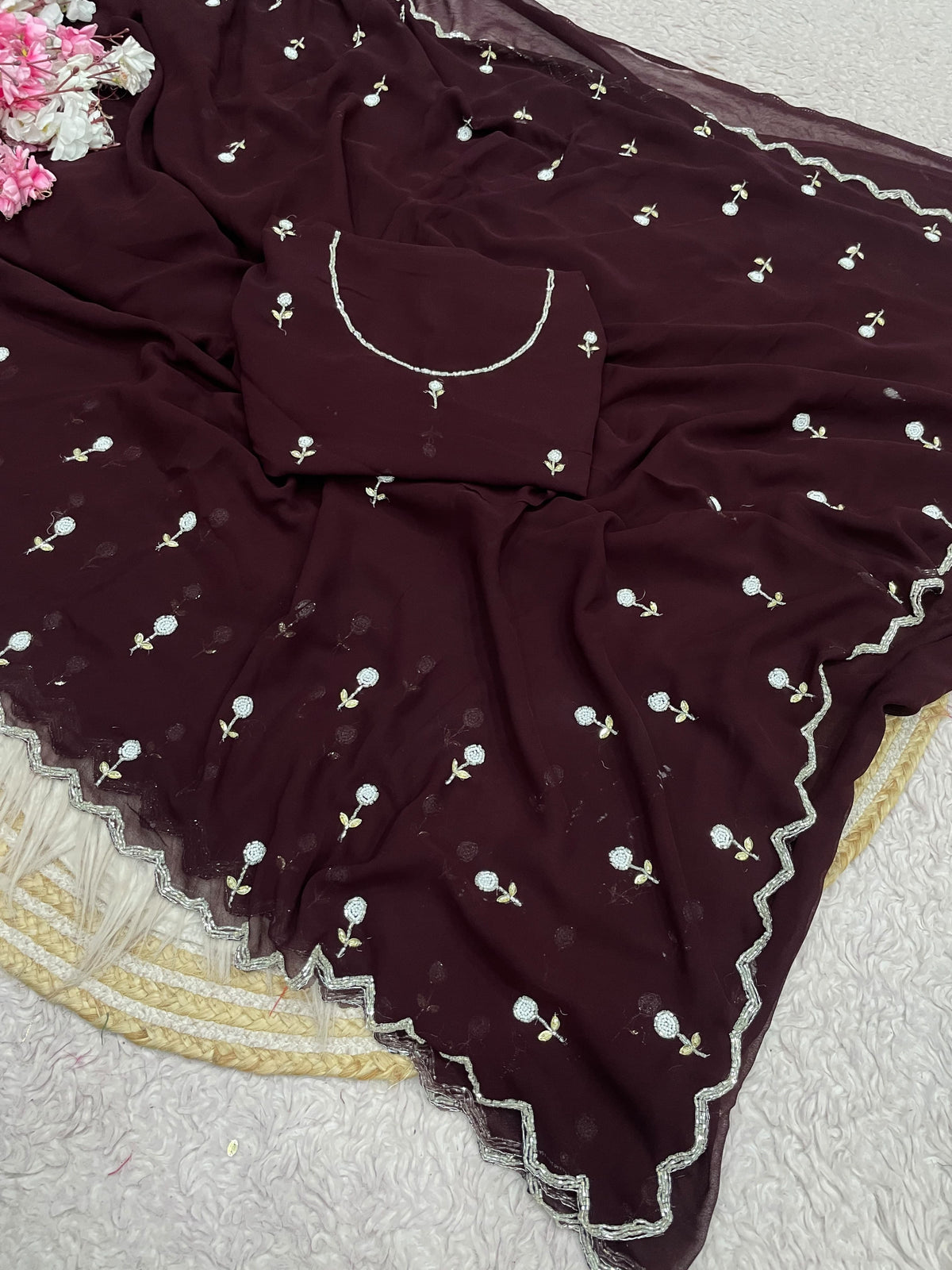 Faux Georgette Beautiful handwork buttis saree
