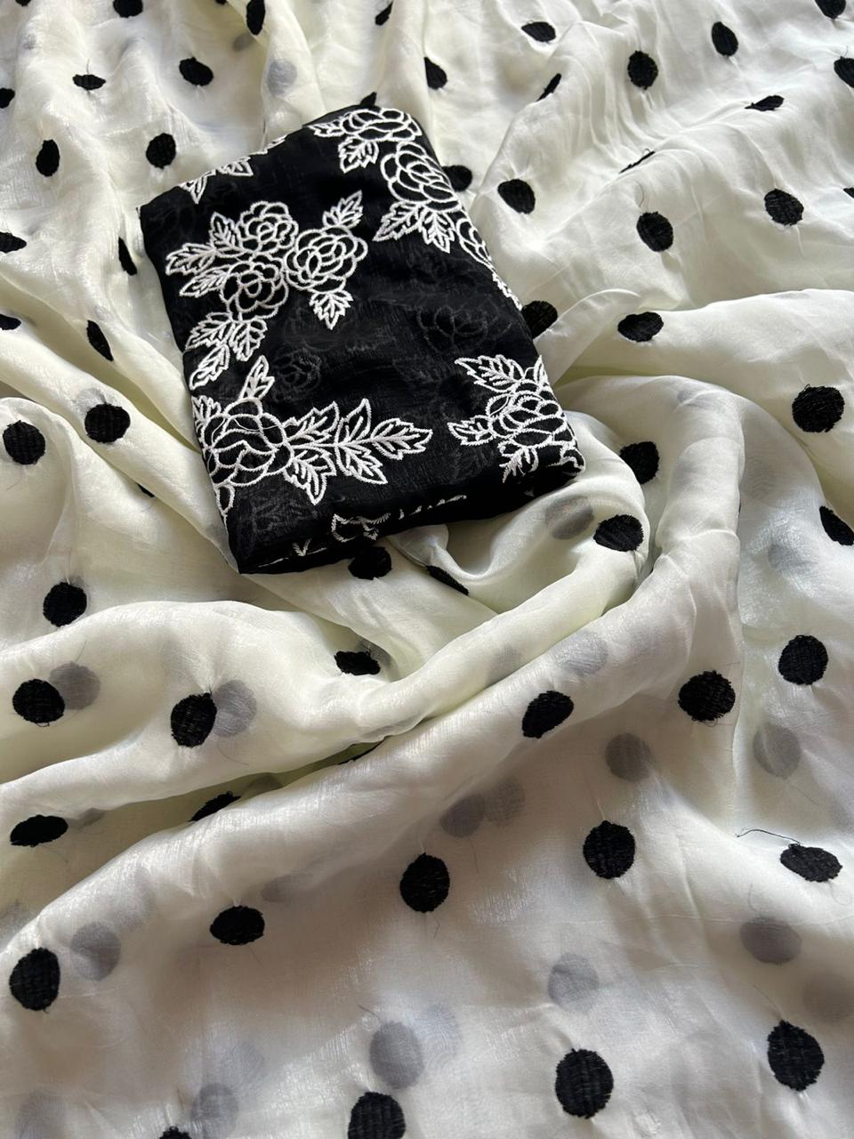 Fendy satin polka dots embroidery saree