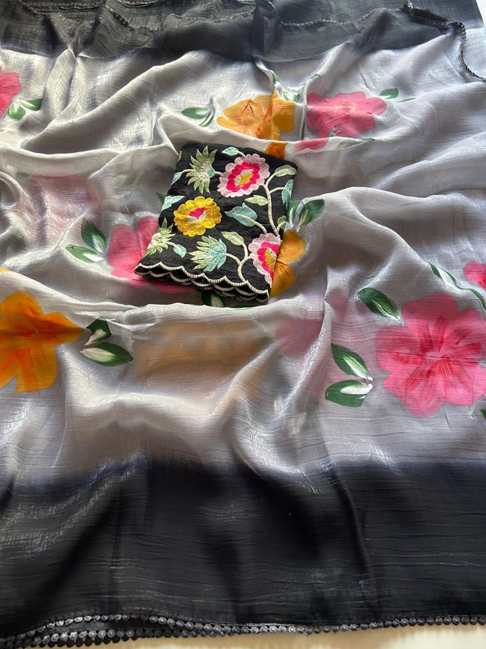 Crunchy silk hand painted saree 🌺
