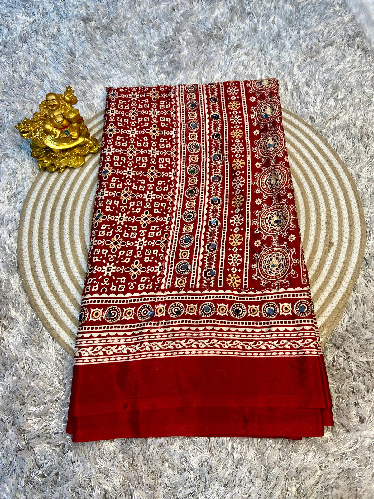 Ajrak model soft crepe silk mirror work saree