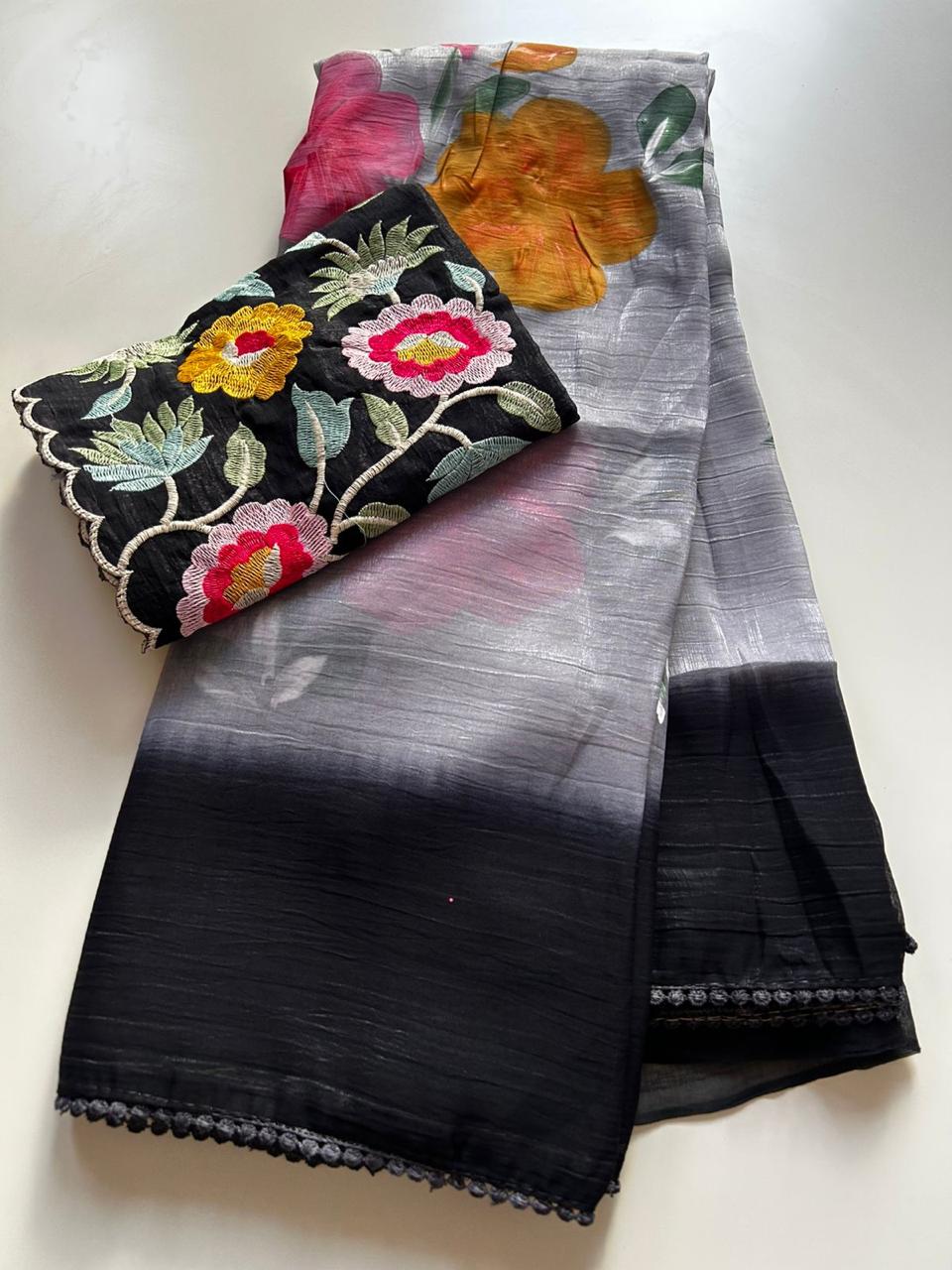 Crunchy silk hand painted saree 🌺