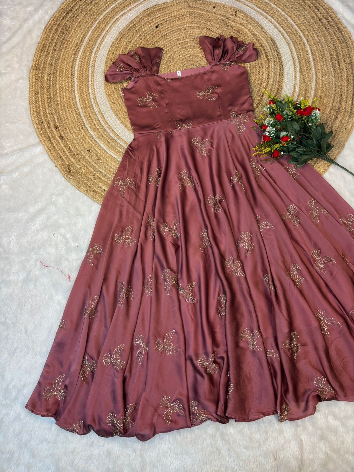 Rangoli silk sparrow beads work gown