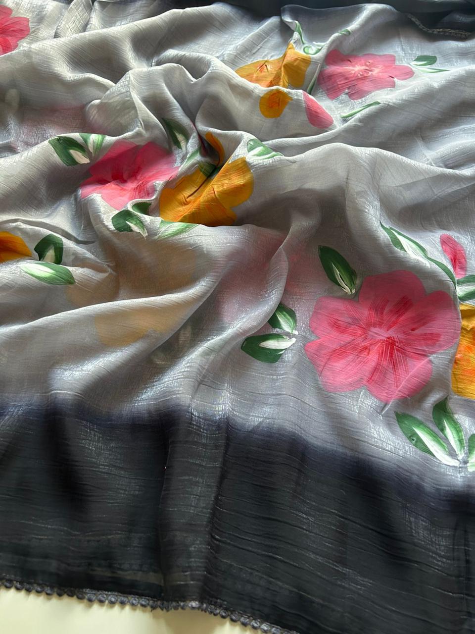 Crunchy silk hand painted saree 🌺