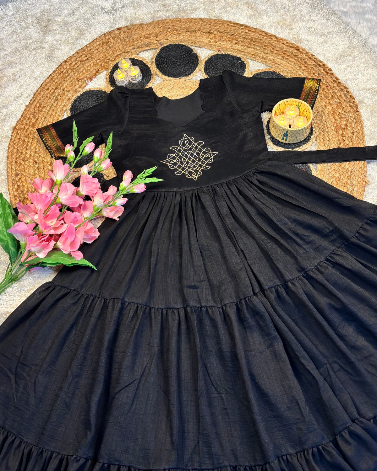 Vichitra silk kolam design Frock ✨