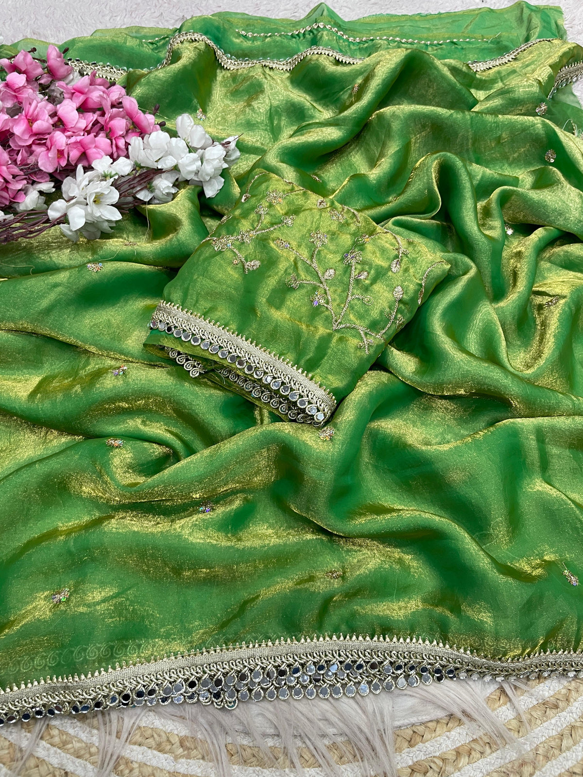 Fandy satin mirror work lace border saree