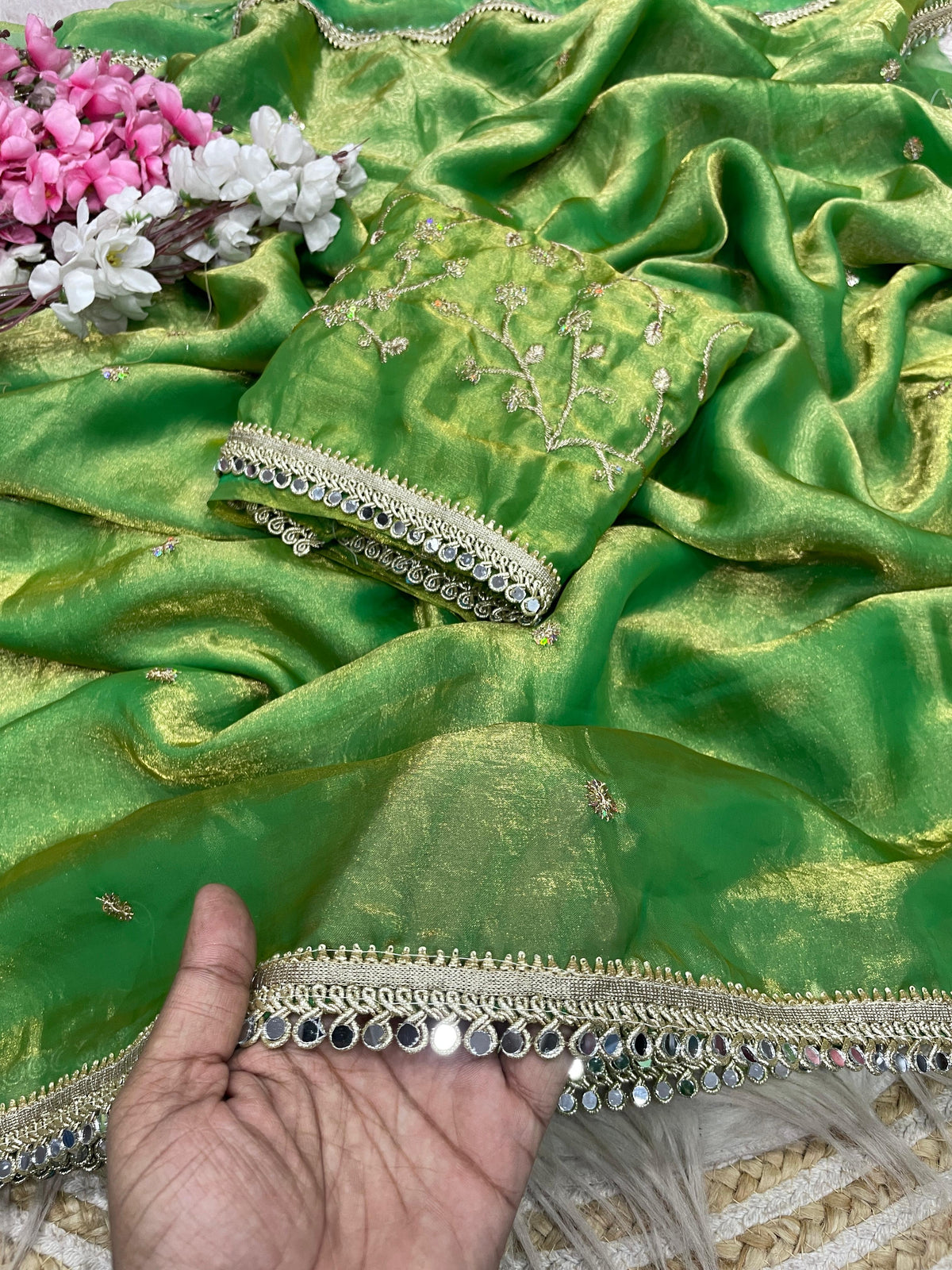 Fandy satin mirror work lace border saree