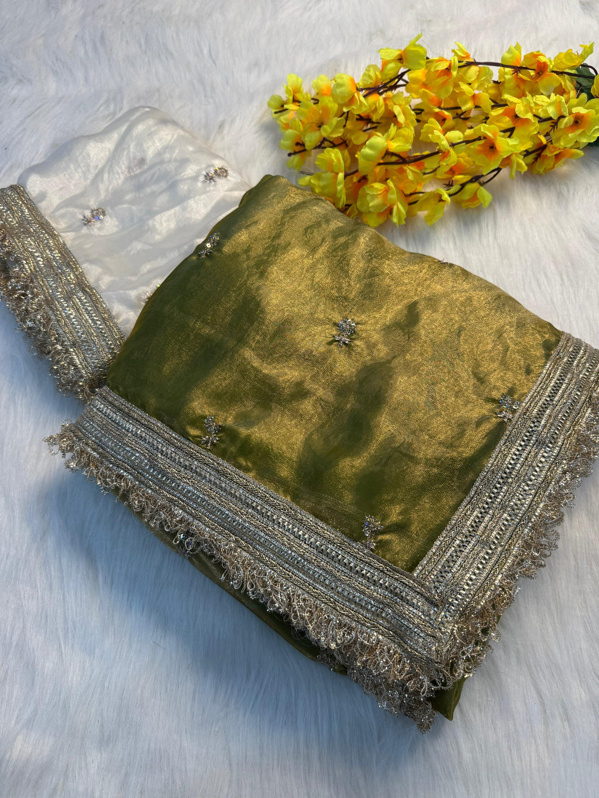Fendy satin embroidery buti saree with sabhyasachi lace