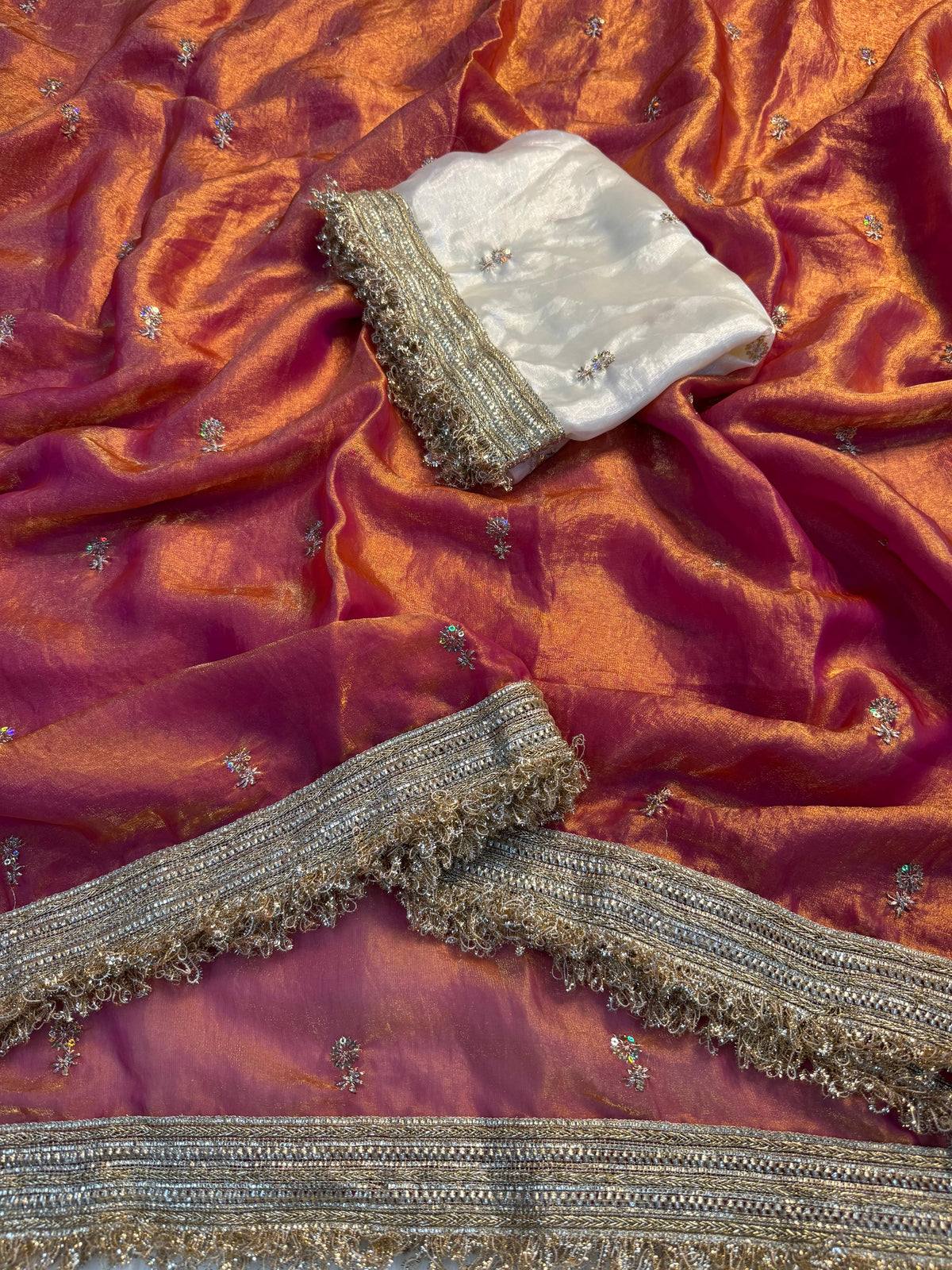 Fendy satin embroidery buti saree with sabhyasachi lace