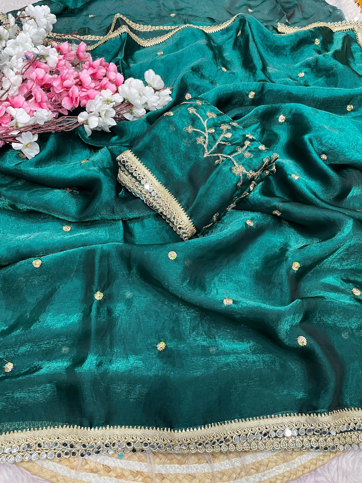 Fandy satin mirror work lace border saree