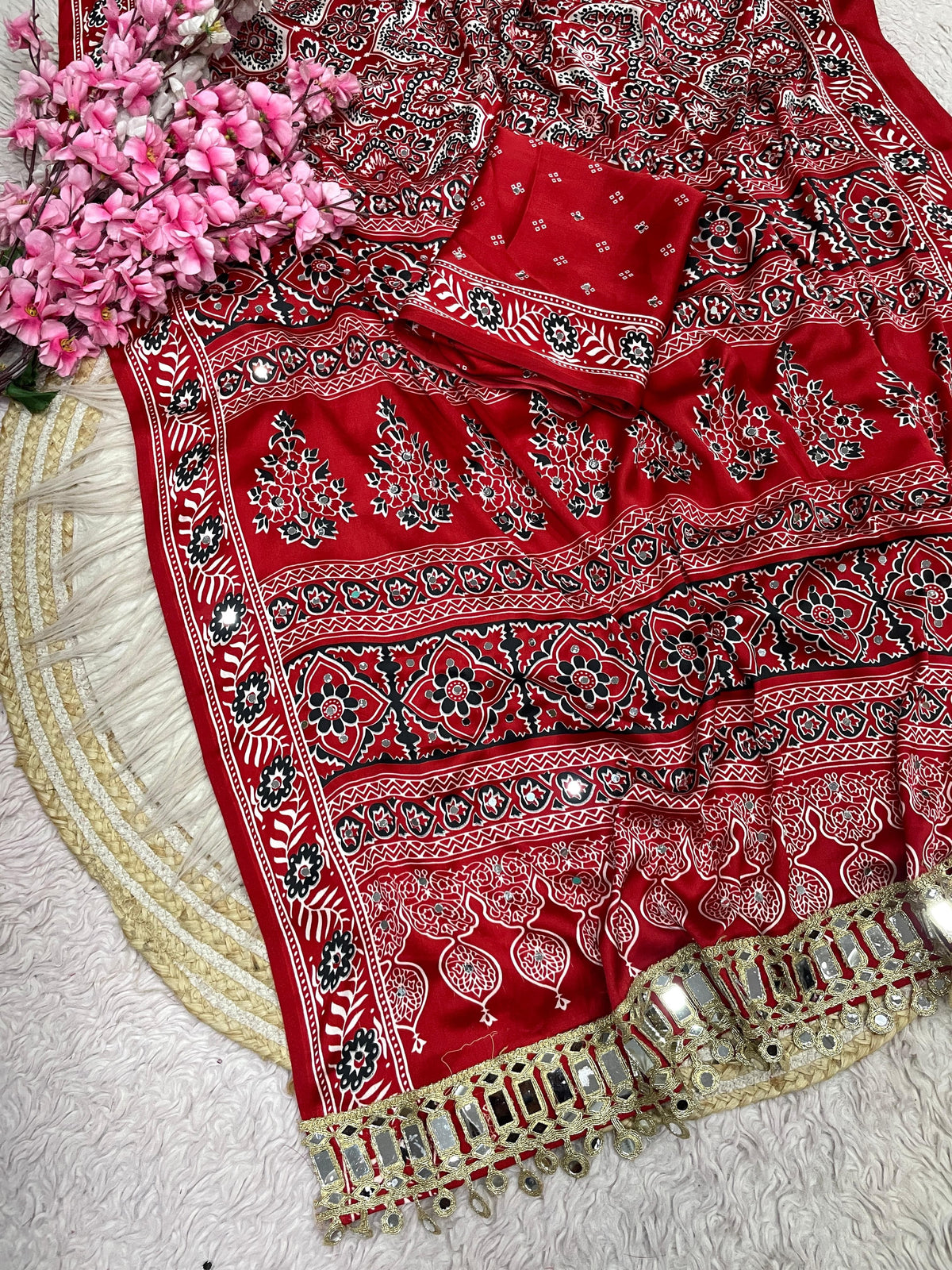 Ajrak satin viscose silk saree ✨
