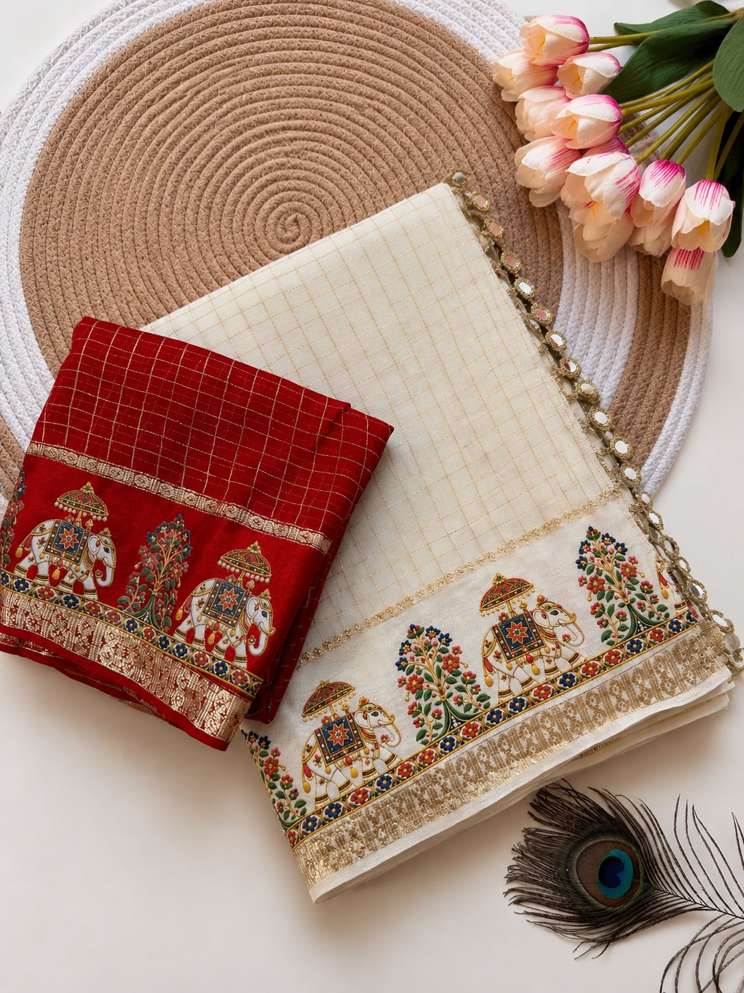 Viscose checks mirror work border saree ✨