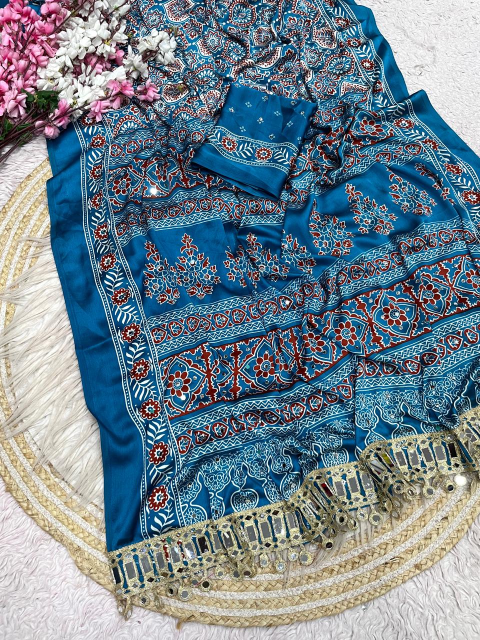 Ajrak satin viscose silk saree ✨