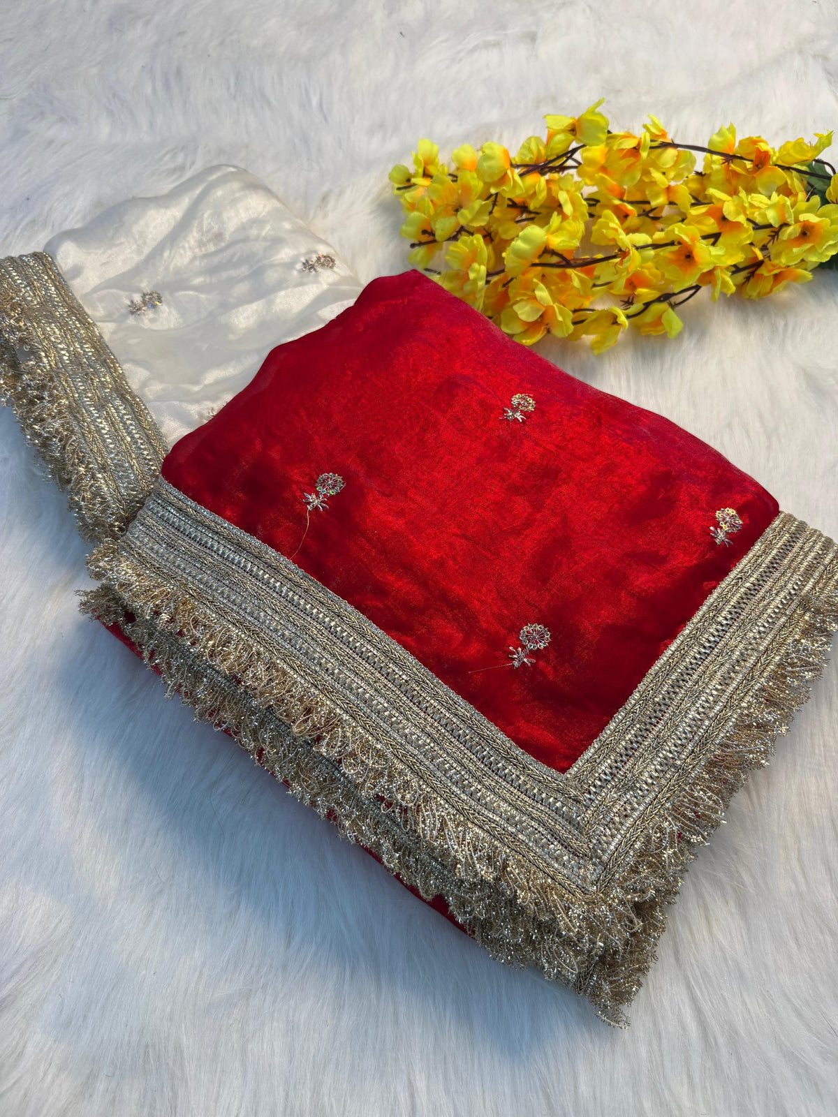 Fendy satin embroidery buti saree with sabhyasachi lace