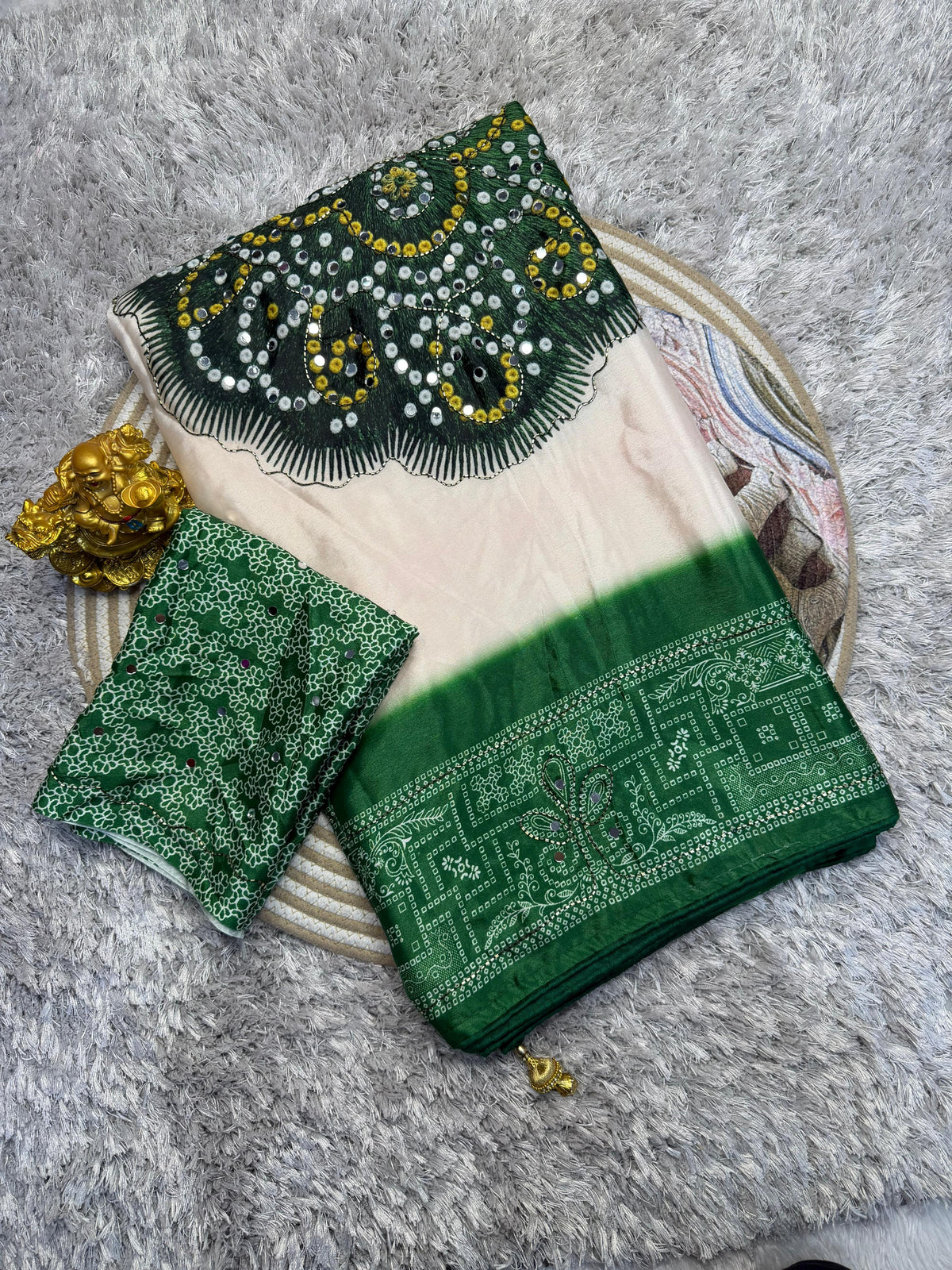 Marshmallow chinnon silk Ajrak print saree