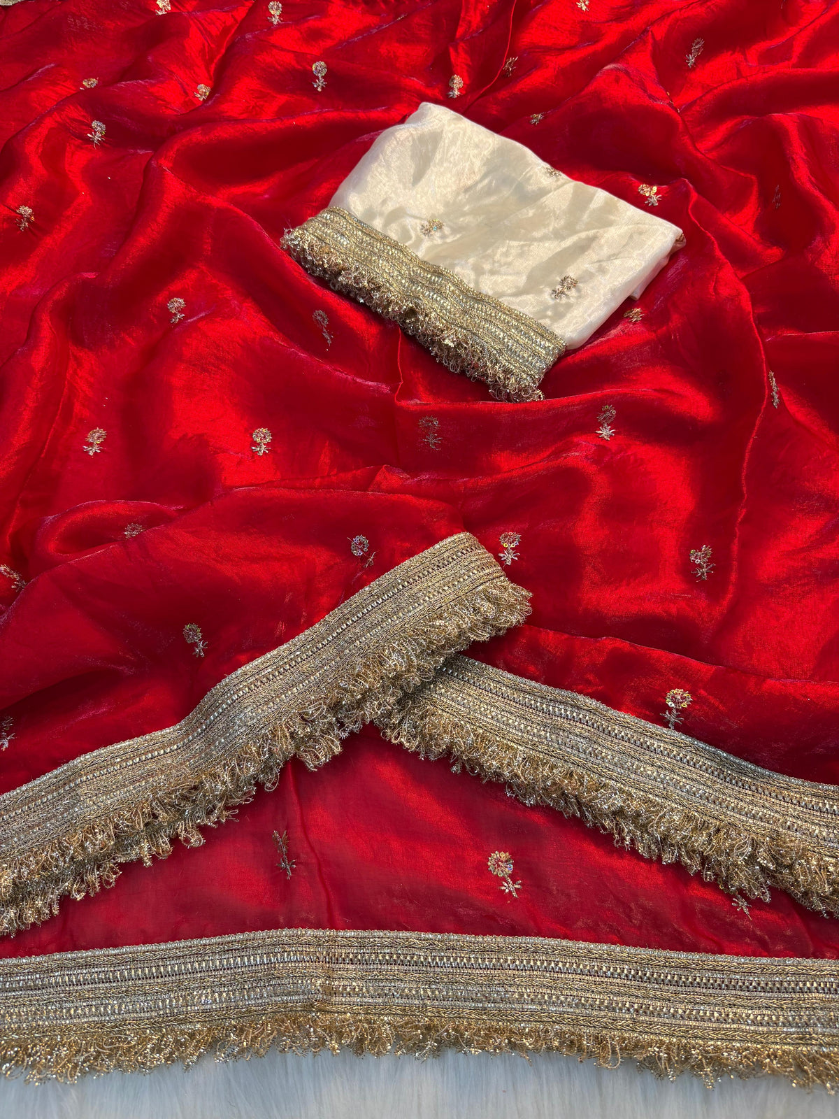 Fendy satin embroidery buti saree with sabhyasachi lace
