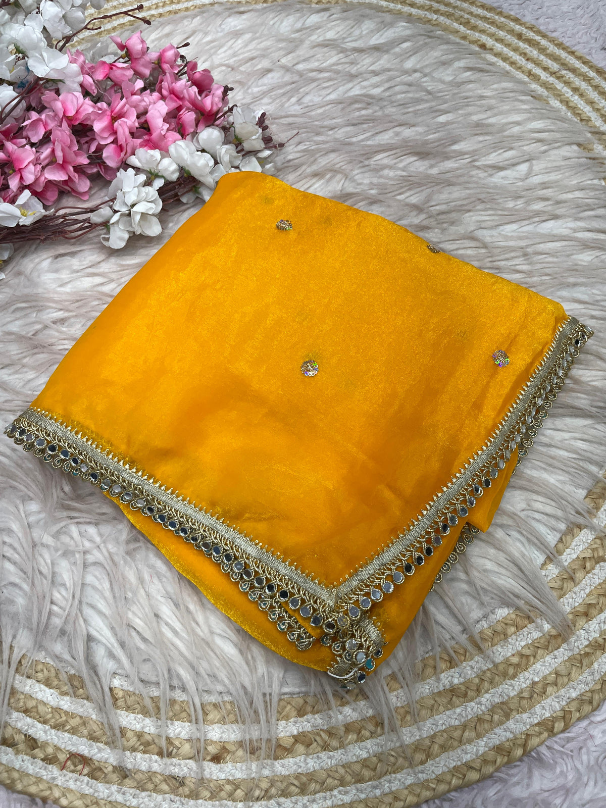 Fandy satin mirror work lace border saree