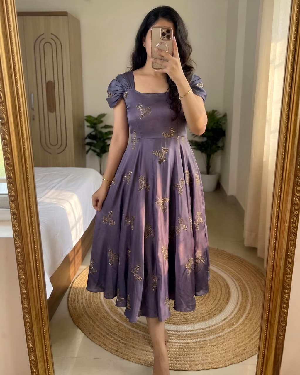 Rangoli silk sparrow beads work gown
