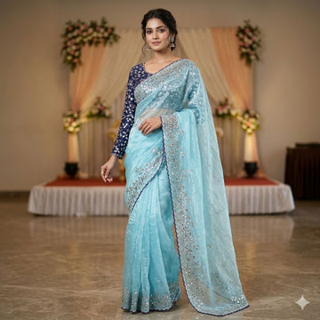 Premium Pure Silk Zari Sequence Design Embrodary saree