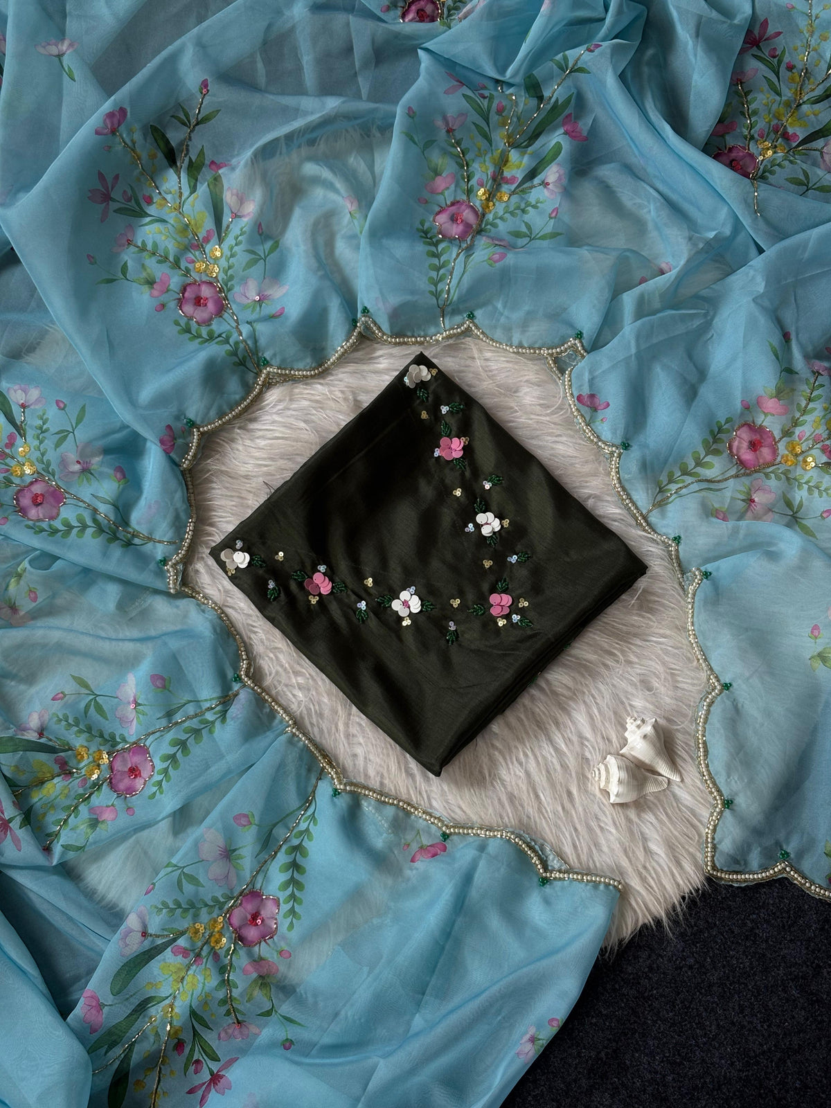 Soft Tabi hand work flower print organza saree