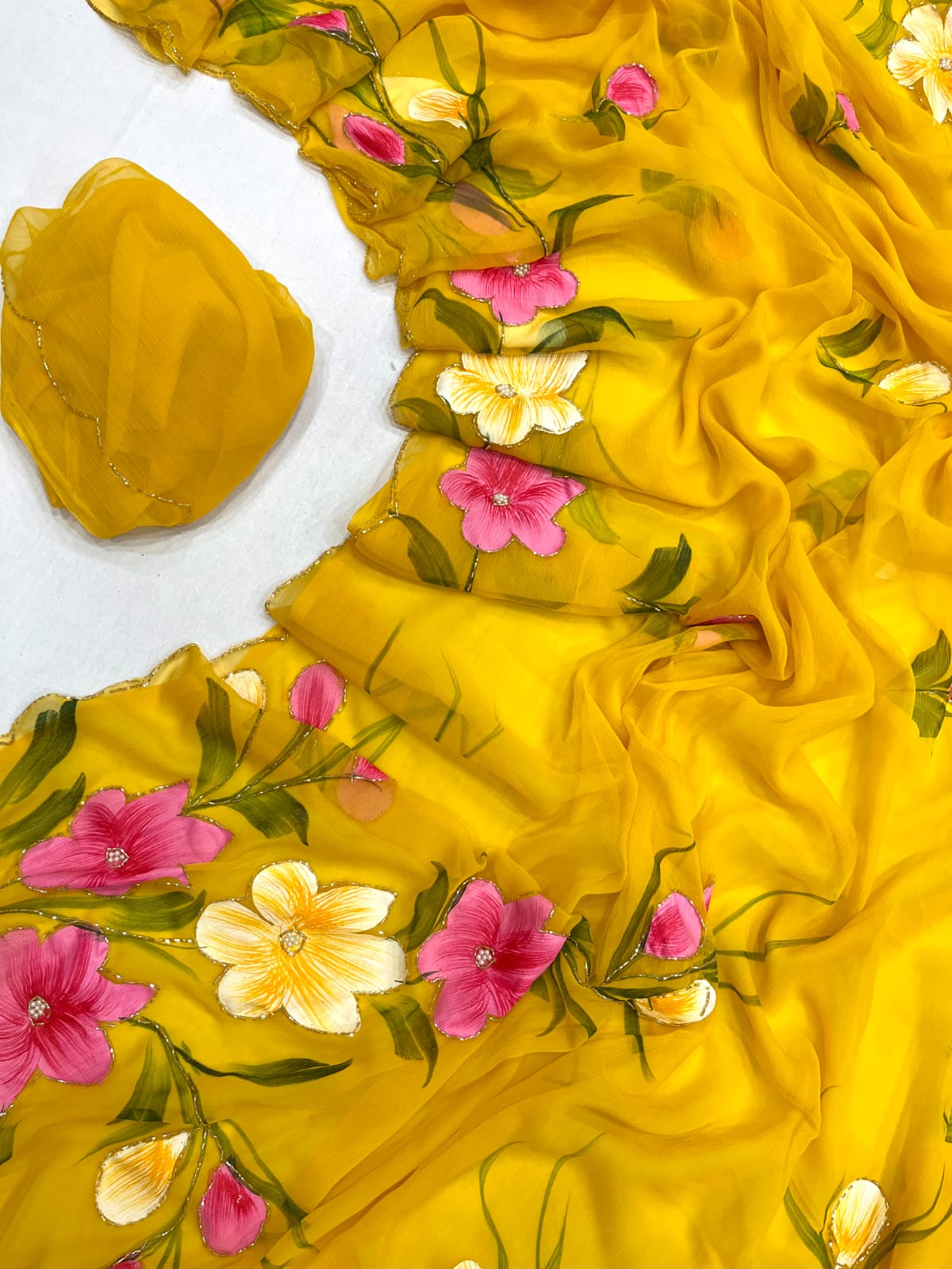 Soft pure shiffon hand work brush paint saree