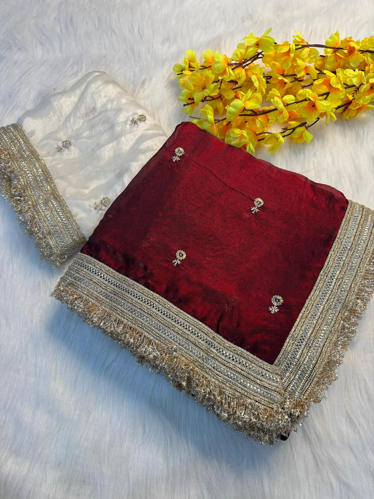 Fendy satin embroidery buti saree with sabhyasachi lace