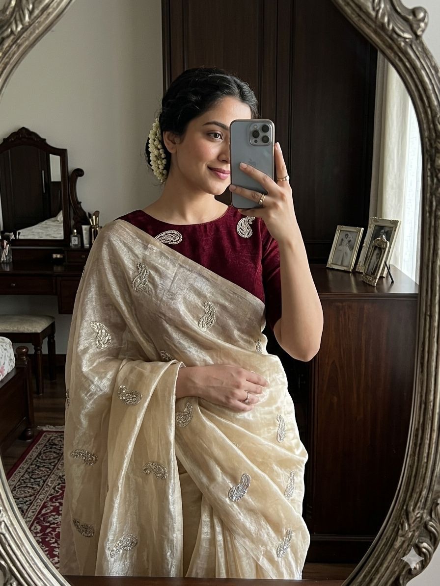 Space satin mango sequence work saree