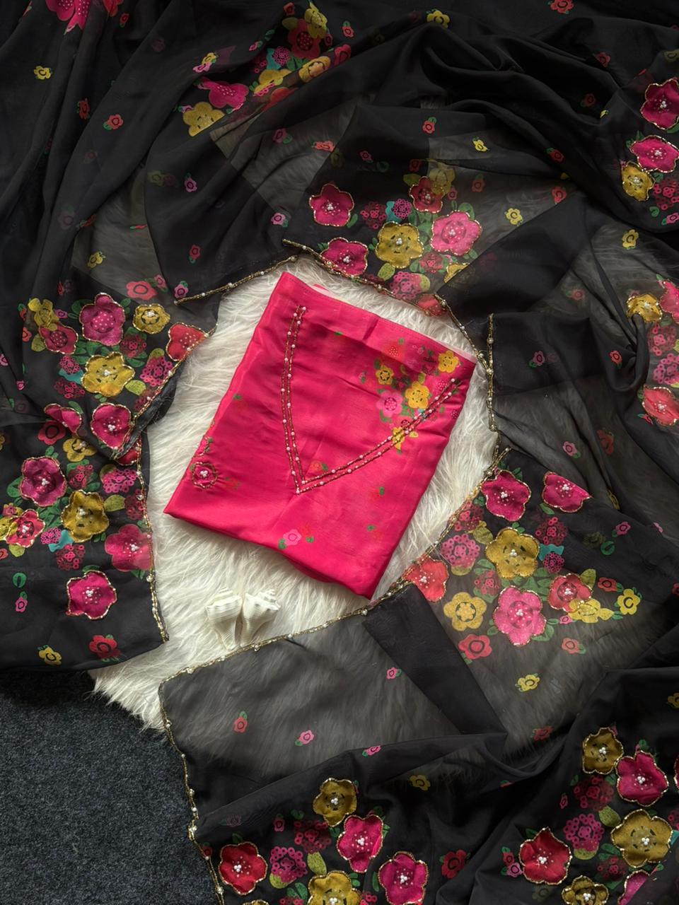 Soft Tabi silk flower print hand work saree