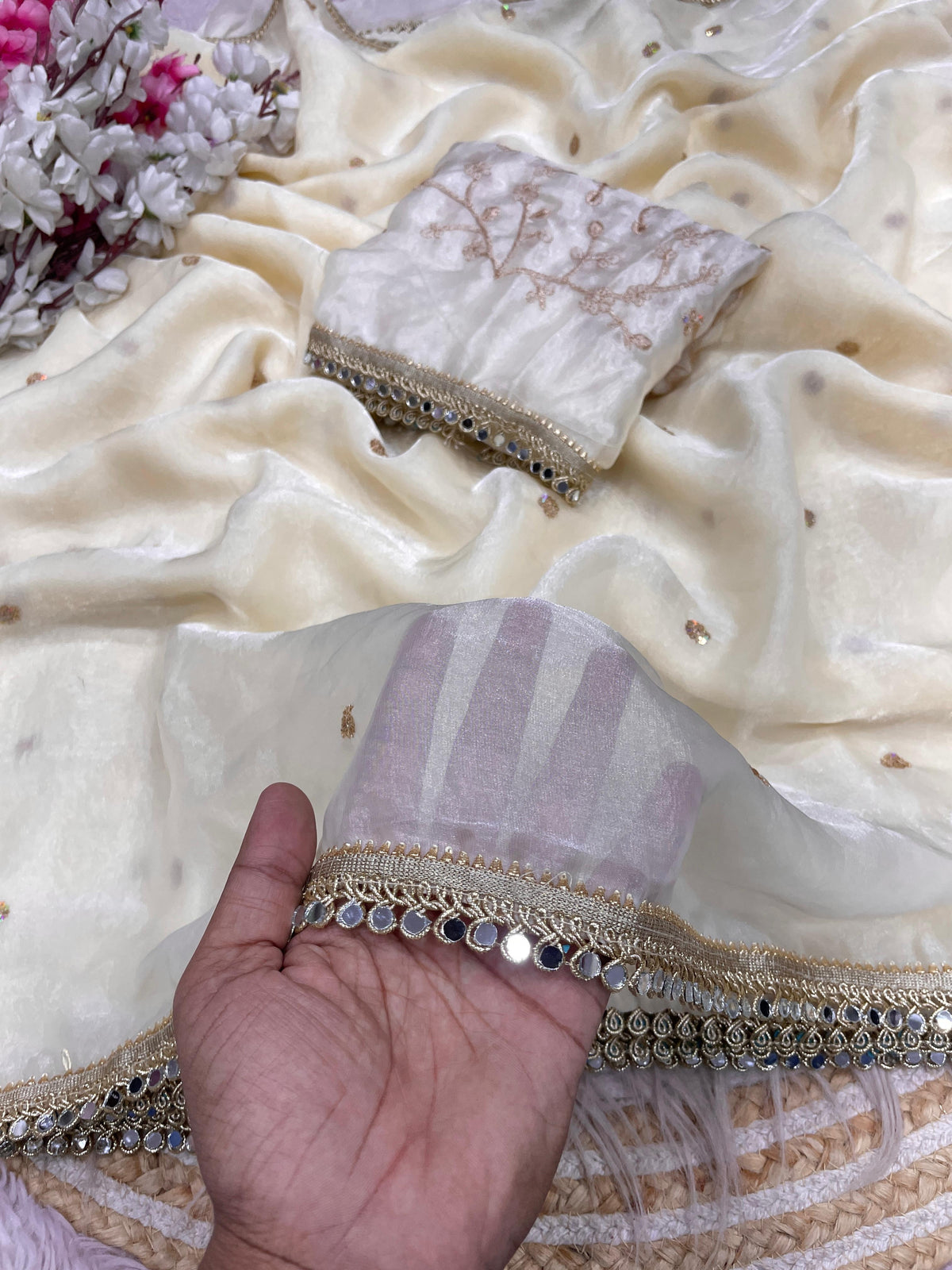 Fandy satin mirror work lace border saree