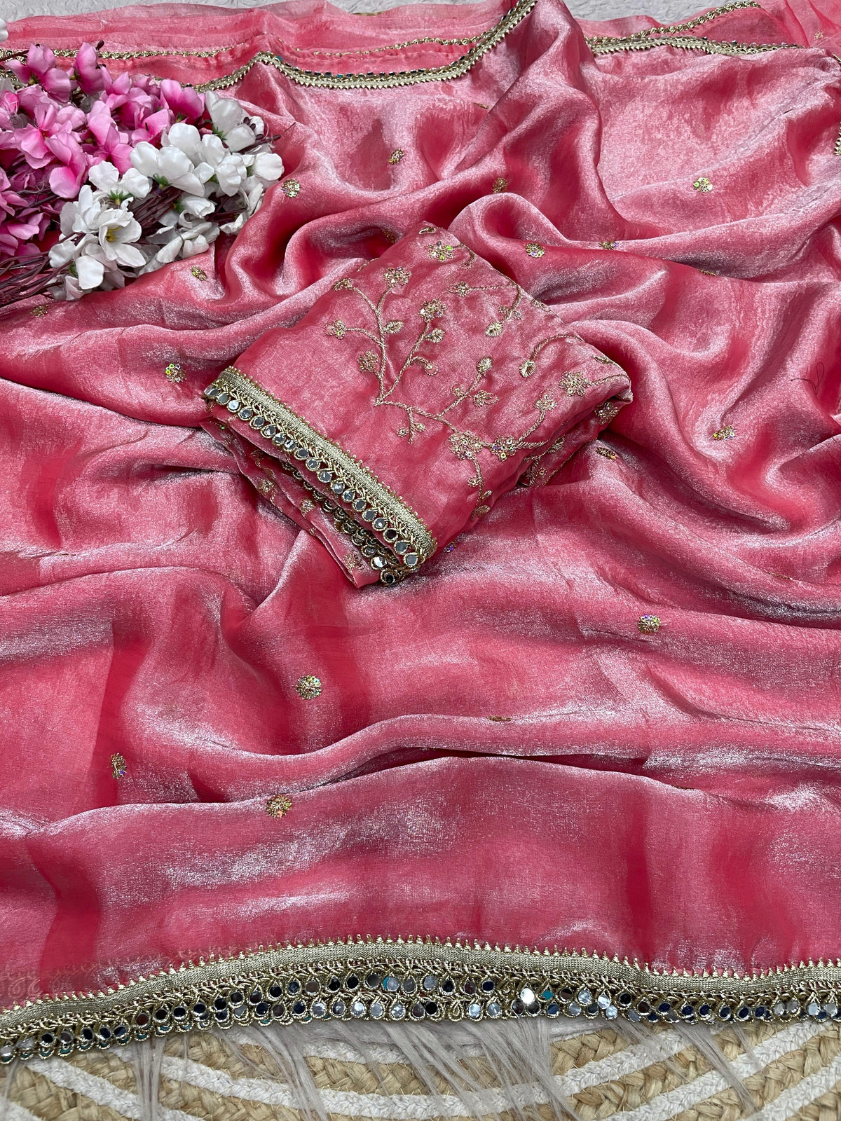 Fandy satin mirror work lace border saree