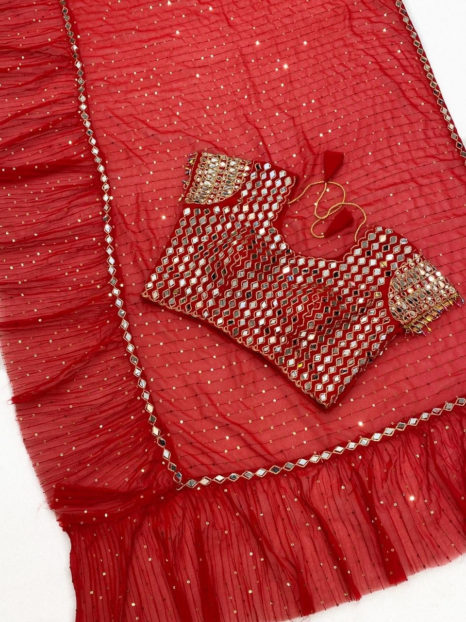 Red real mirror work ruffle saree