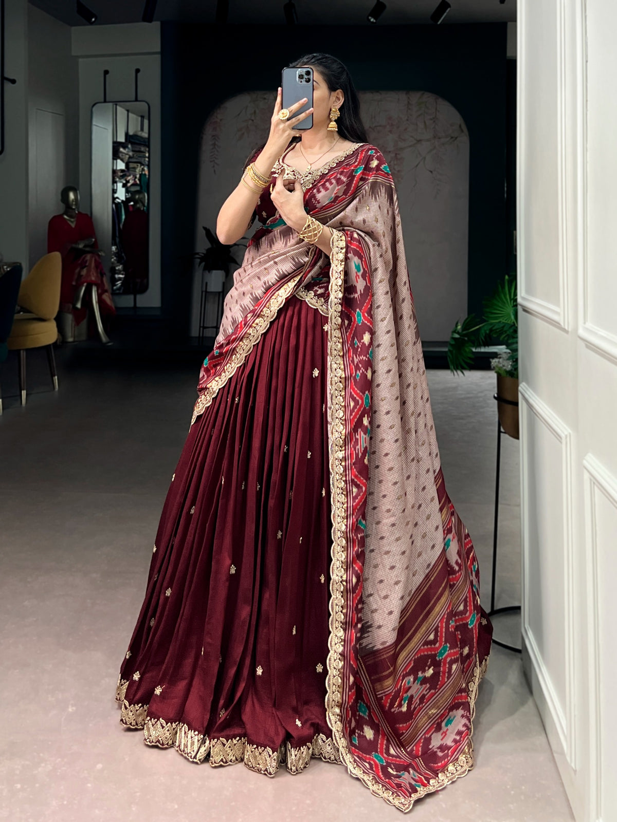 Vichitra silk thread work email lehenga