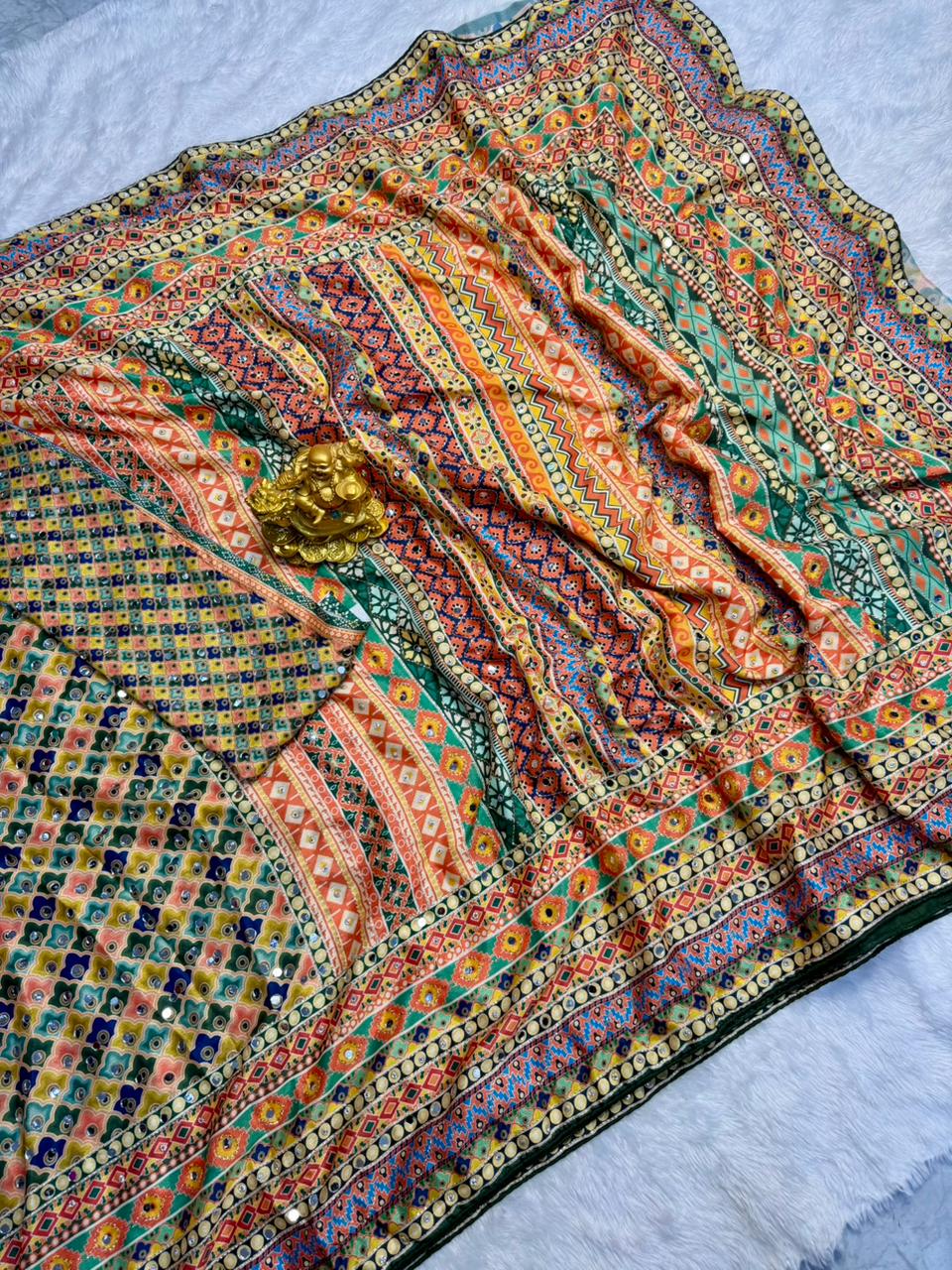 Soft chinnon Azrak mirror work sarees
