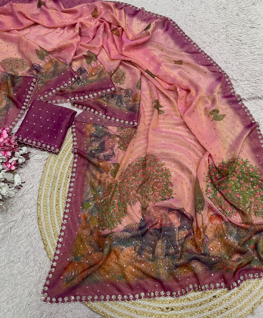 Digital print moss zarkhana work saree ✨
