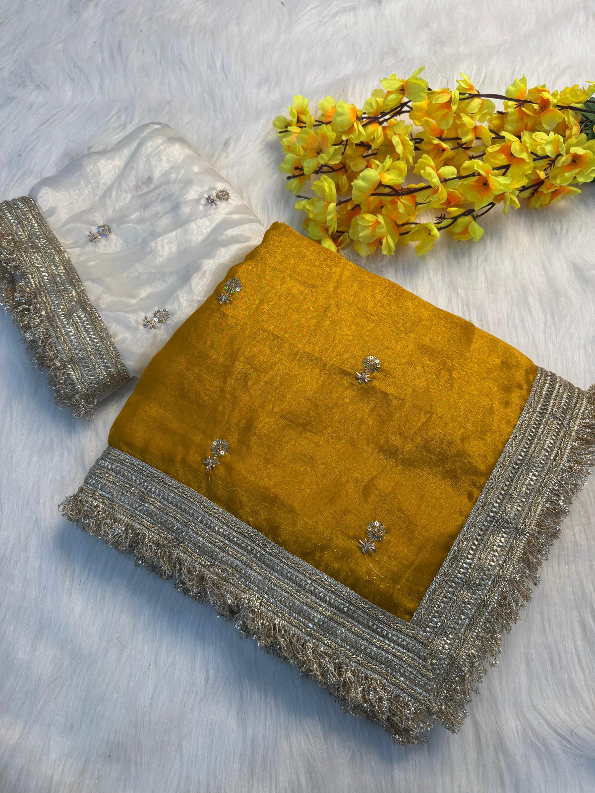 Fendy satin embroidery buti saree with sabhyasachi lace