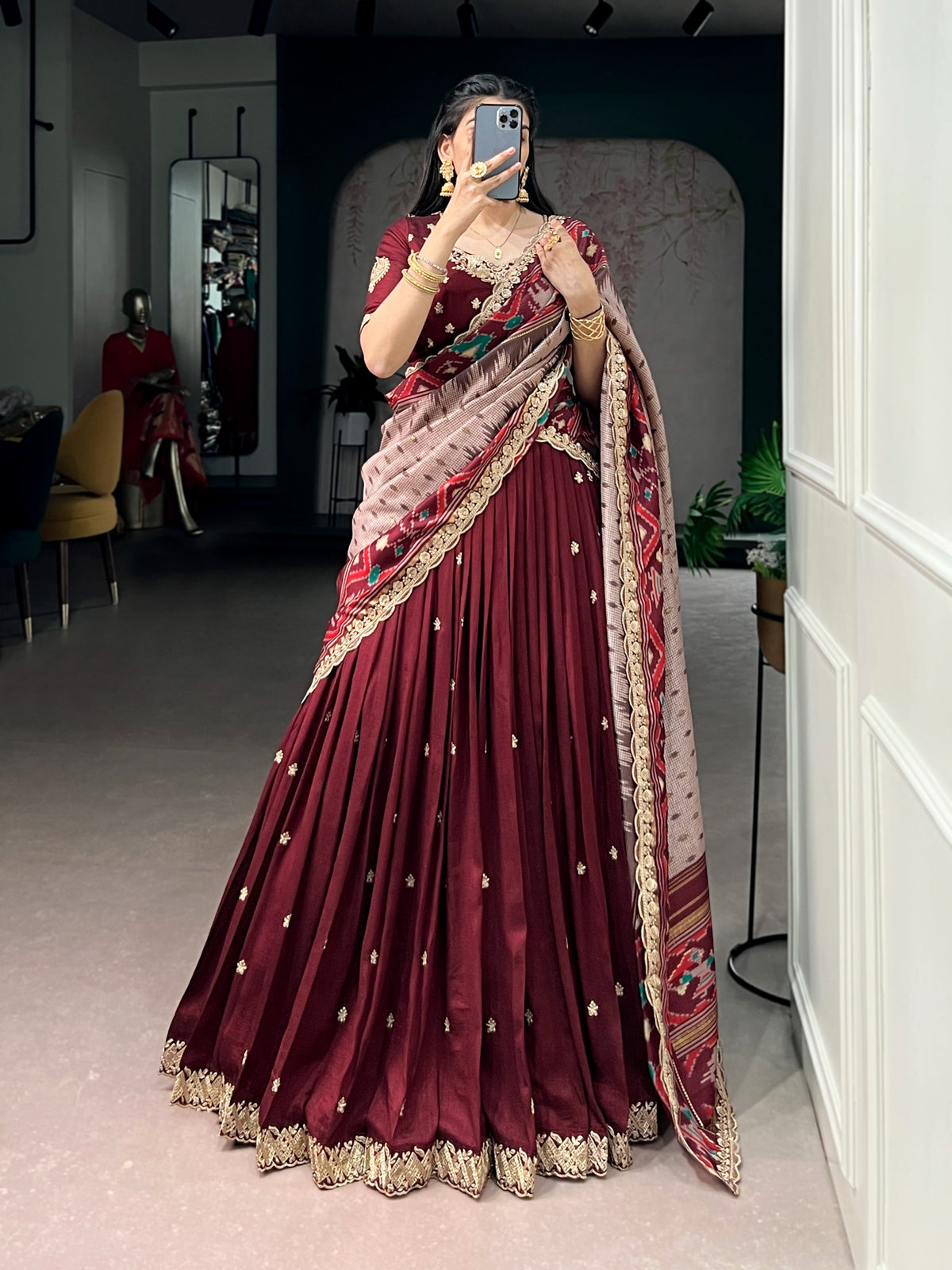 Vichitra silk thread work email lehenga