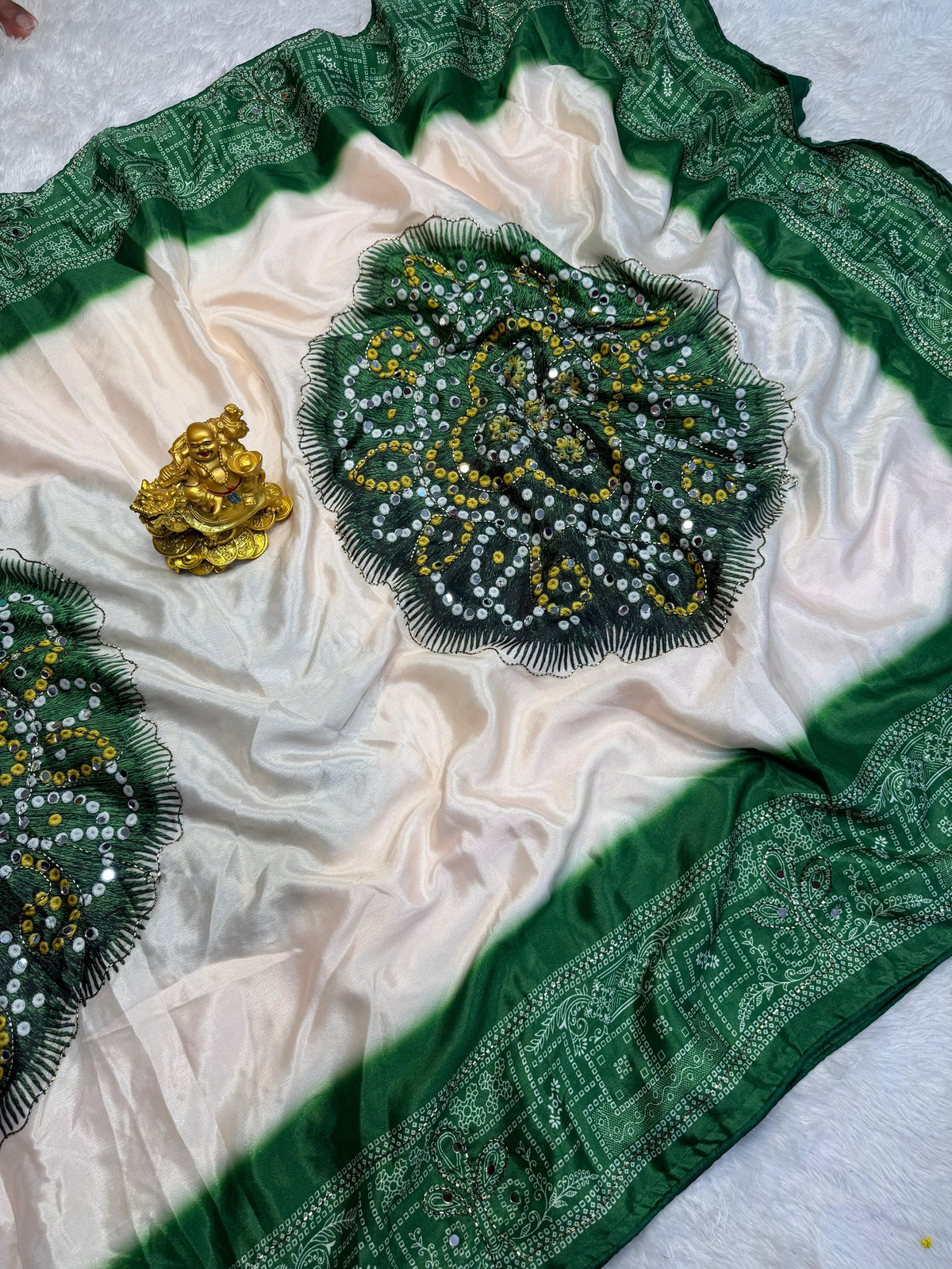 Marshmallow chinnon silk Ajrak print saree