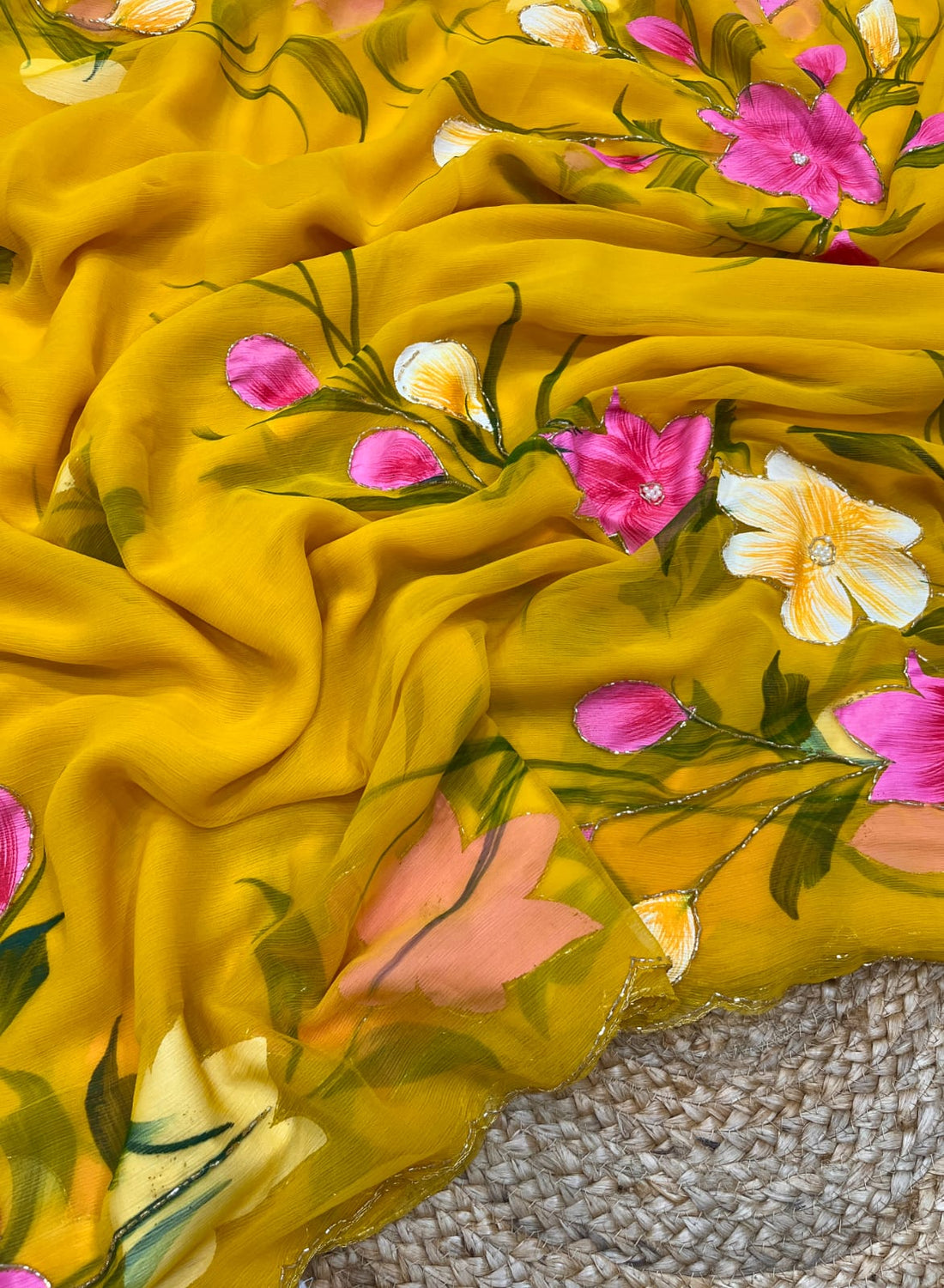 Soft pure shiffon hand work brush paint saree
