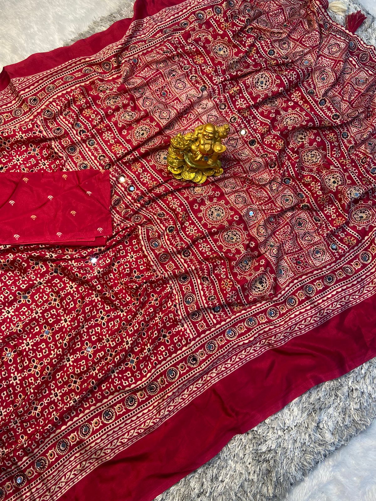 Ajrak model soft crepe silk mirror work saree