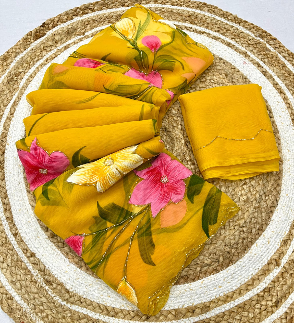 Soft pure shiffon hand work brush paint saree