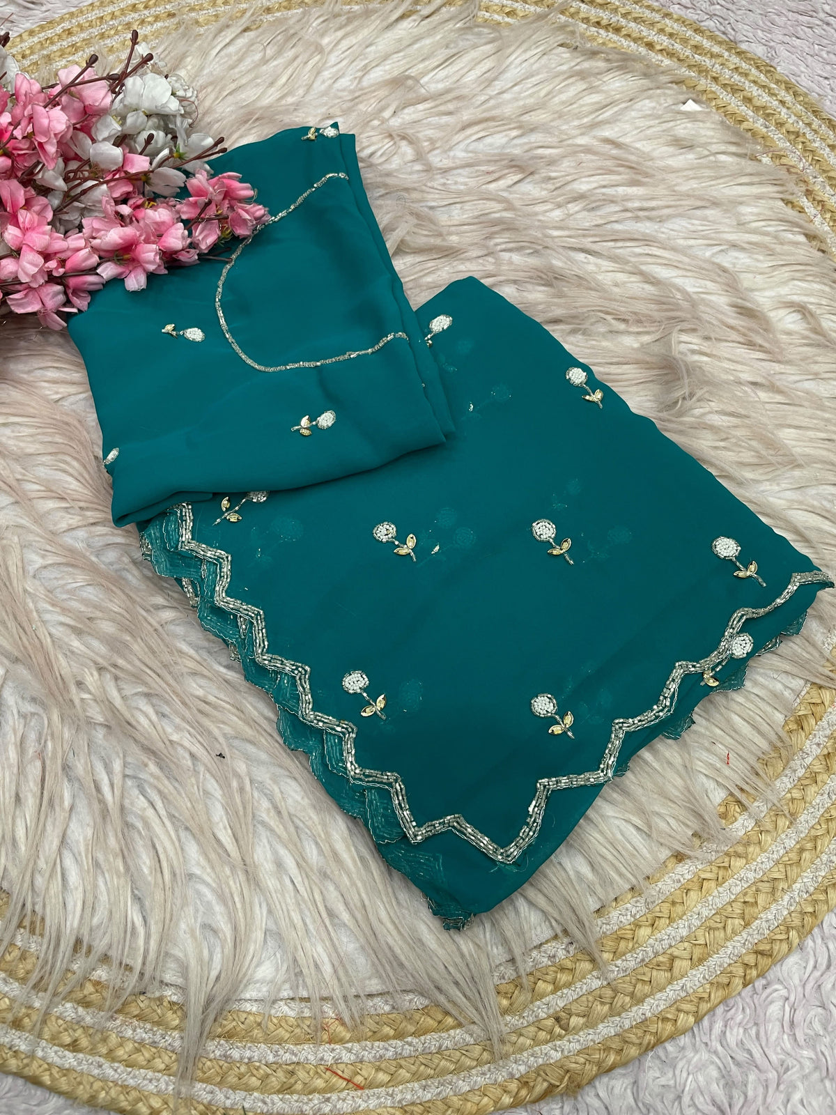 Faux Georgette Beautiful handwork buttis saree