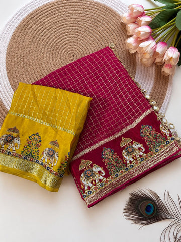 Viscose checks mirror work border saree ✨
