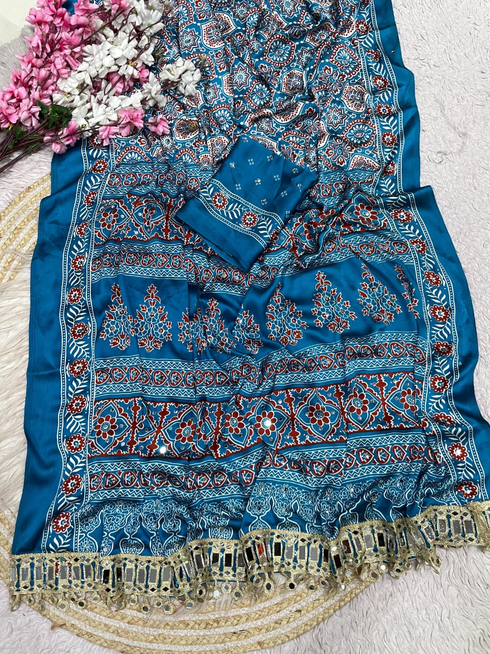 Ajrak satin viscose silk saree ✨