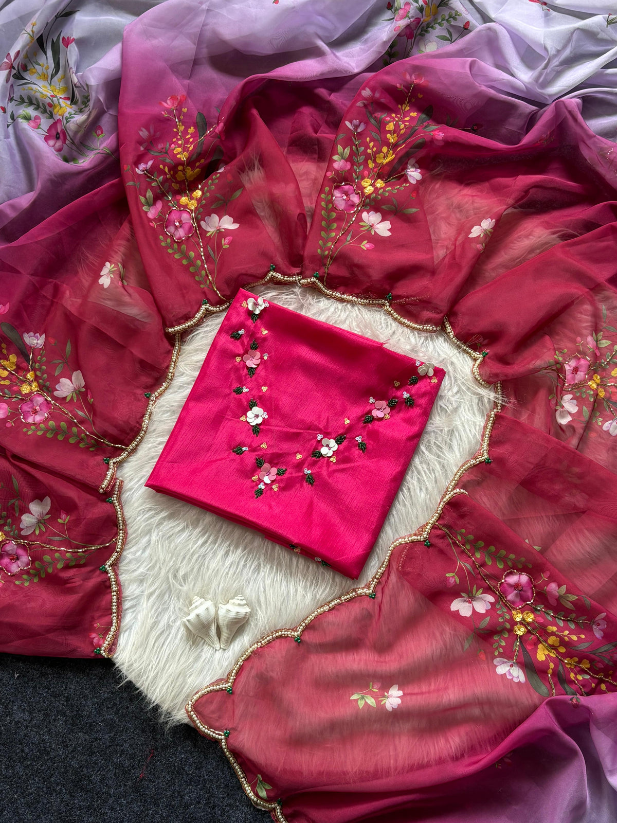 Soft Tabi hand work flower print organza saree