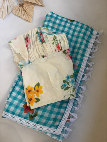 Mull cotton floral printed checks saree with stitched blouse