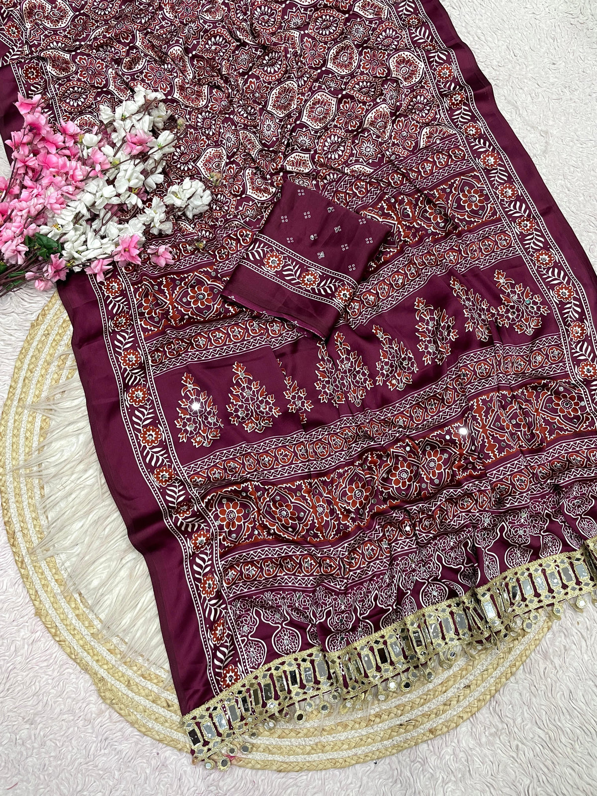 Ajrak satin viscose silk saree ✨