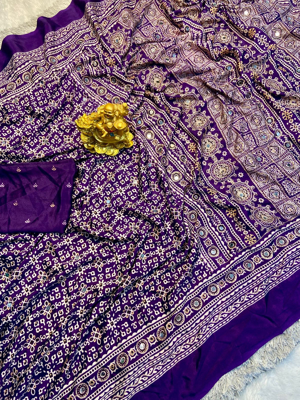 Ajrak model soft crepe silk mirror work saree