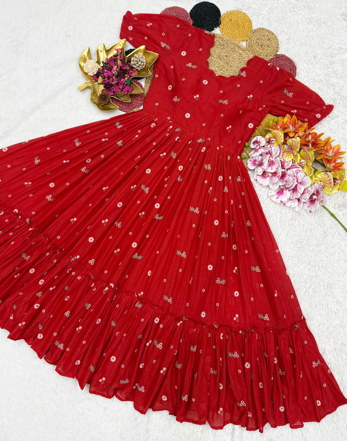 Summer special mull chenderi flower embroidery gowns
