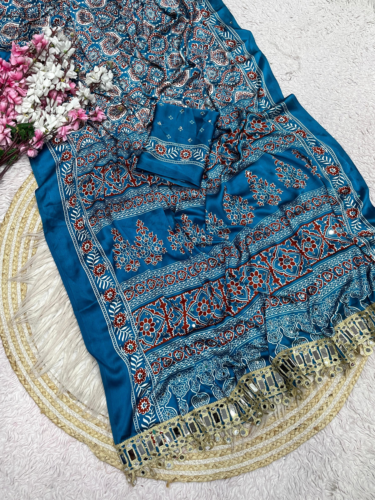 Ajrak satin viscose silk saree ✨